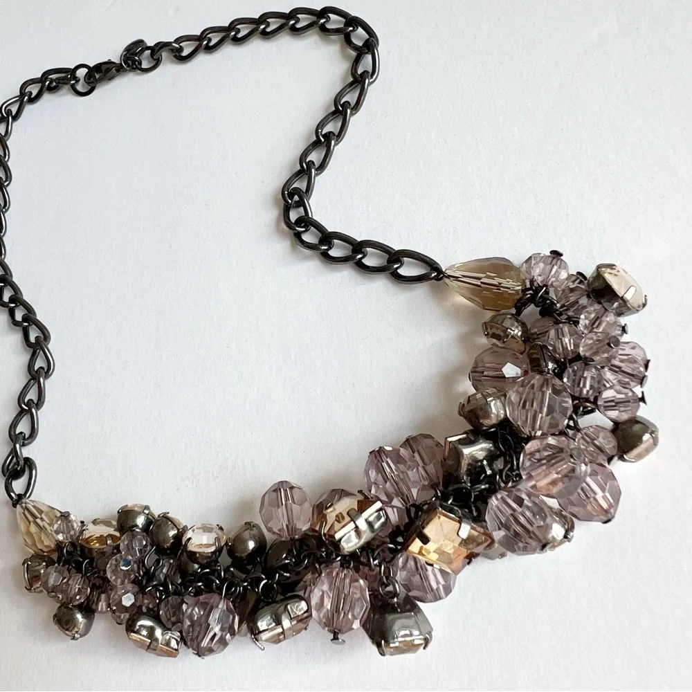 Loft multicolor beaded statement‎ necklace gunmetal chain chunky gemstones